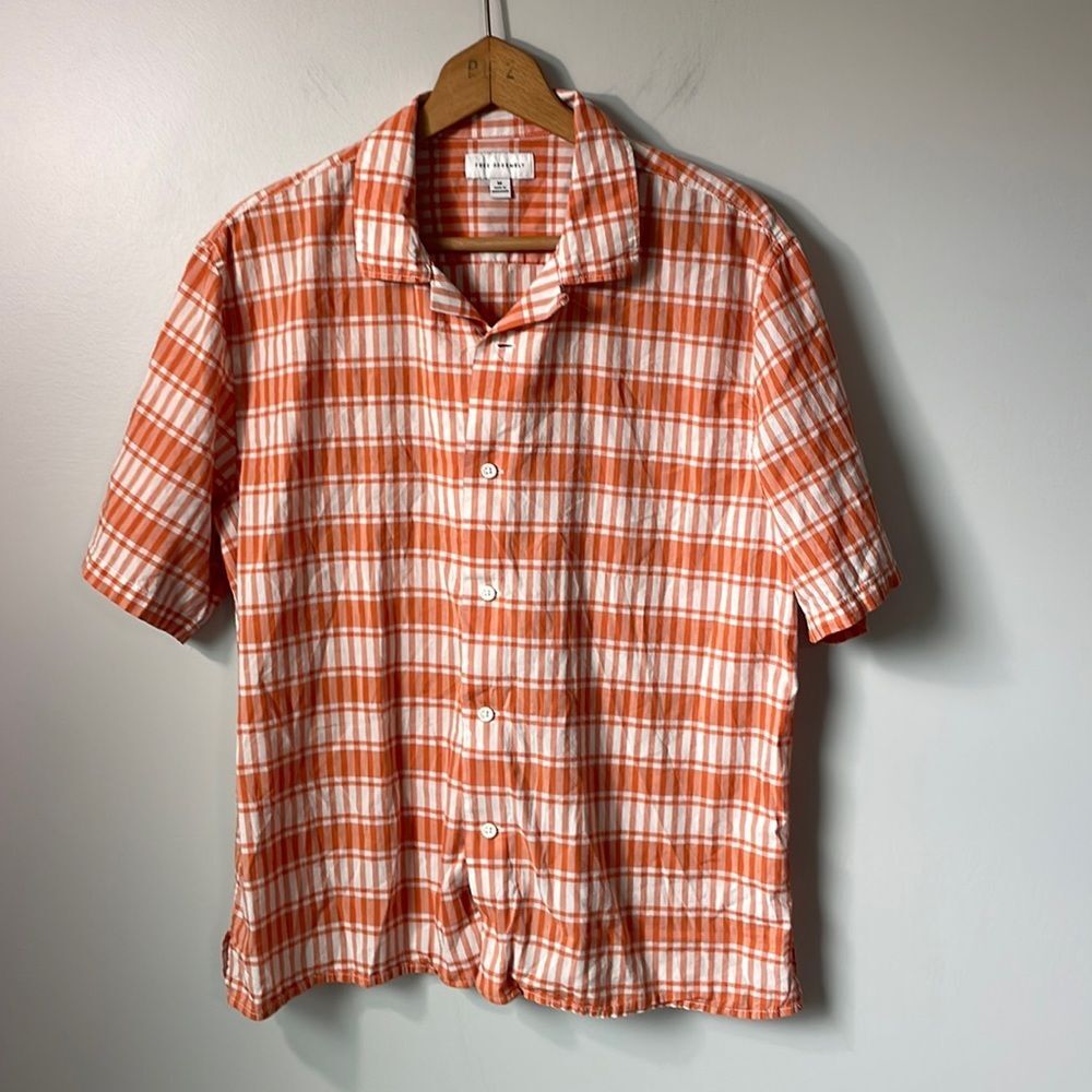 Free Assembly Shirt Mens M Orange/White Button Up Short Sleeve 100% Cotton